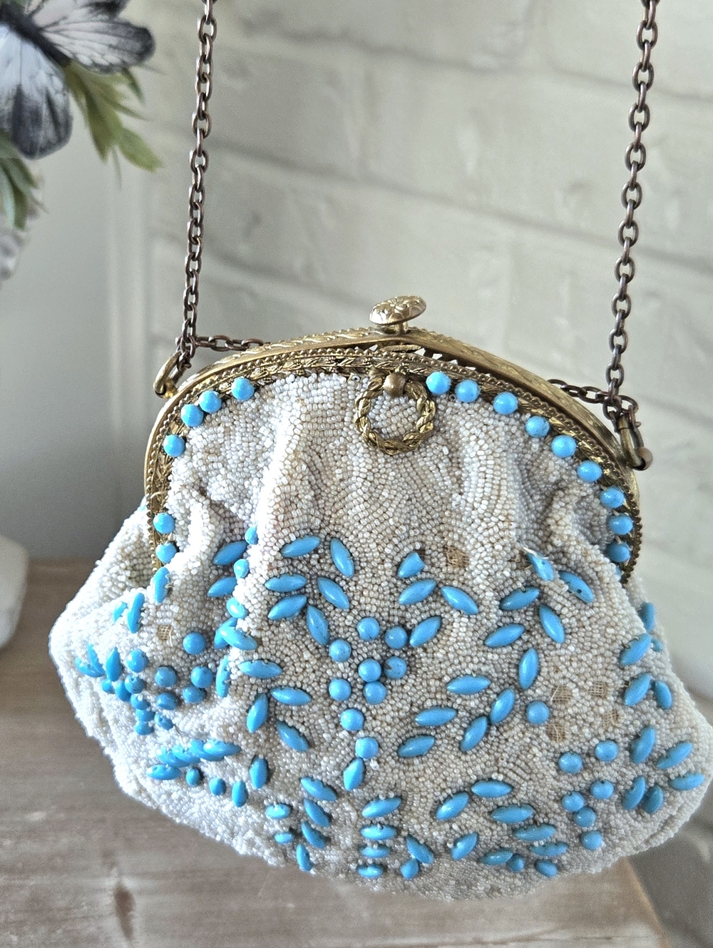 Vtg 1920s Art Deco Turqoise Bead Evening Purse, Flapper, Romantic